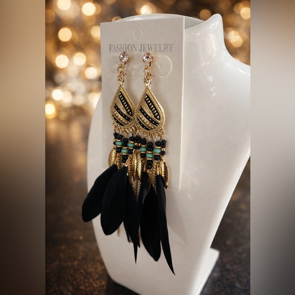 Boho Feather Clip-On Earrings – Gold & Black Statement | 5” Drop - Picture 3 of 3